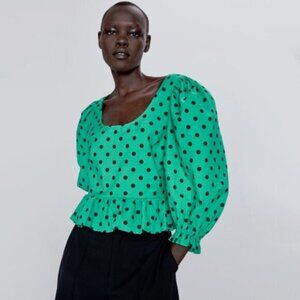 NWT Zara green & black polka dot print blouse top XS